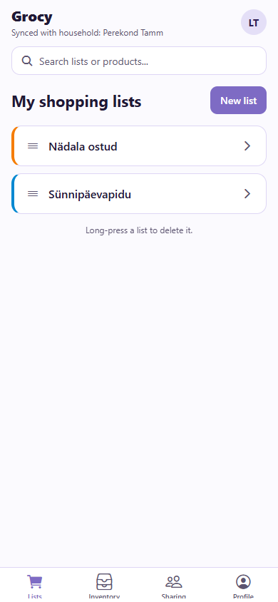 Grocy rakenduse ostunimekirjade vaade